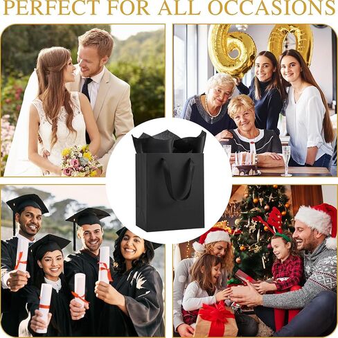 PASEOTA 4 Pack Black Gift Bags with Handles and Tissue Paper, 10" x 8" x 5" Small Black Paper Bags for Men Women Birthday Party Wedding Baby Shower Father's Day (BK-S, 4 Pcs) in Kuwait