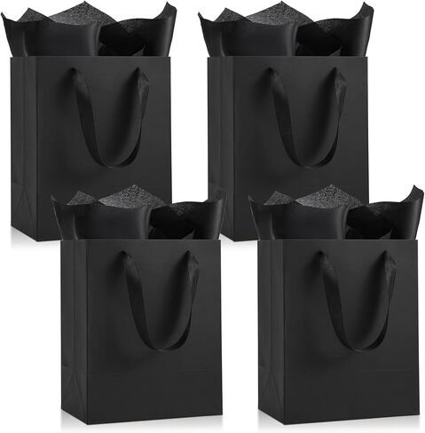 PASEOTA 4 Pack Black Gift Bags with Handles and Tissue Paper, 10" x 8" x 5" Small Black Paper Bags for Men Women Birthday Party Wedding Baby Shower Father's Day (BK-S, 4 Pcs) in Saudi Arabia