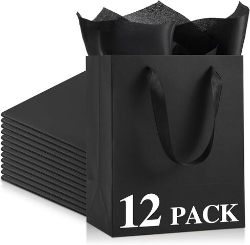 PASEOTA 4 Pack Black Gift Bags with Handles and Tissue Paper, 10" x 8" x 5" Small Black Paper Bags for Men Women Birthday Party Wedding Baby Shower Father's Day (BK-S, 4 Pcs) in Kuwait