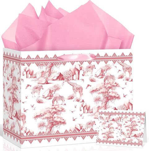 Blue Safari Baby Shower Gifts Bag for Boys Toile De Jouy Gift Wrap Bag with Tissue Paper Card Vintage Wild Jungle Animal Wrapping Paper Bags for Girls Kids Summer Zoo Birthday Baby Shower Decorations in Kuwait