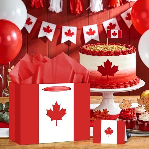 Canada CA Flag Gift Bag with Card & Wrapping Paper,Maple Leaf Gift Bag for Canadian Theme Party Decorations,National Day of Canada,Canada Day,Fiesta Carnival,Birthday Souvenirs Goodie Treat Bag in Saudi Arabia