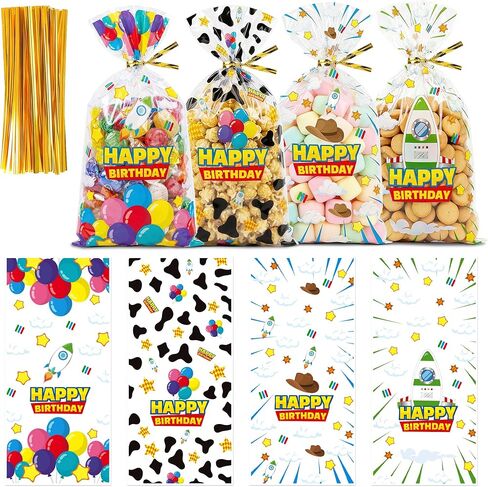 CHENRINDECO 100Pcs Cartoon Story Clear Treat Bags Blue Sky White Clouds Rocket Design Goodie Bags for Birthday Party Cartoon Theme Party Favor Supplies in Saudi Arabia