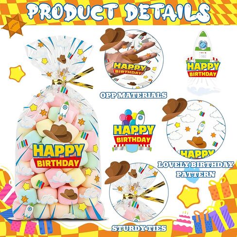 CHENRINDECO 100Pcs Cartoon Story Clear Treat Bags Blue Sky White Clouds Rocket Design Goodie Bags for Birthday Party Cartoon Theme Party Favor Supplies in Saudi Arabia