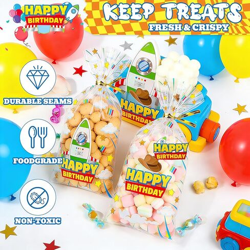 CHENRINDECO 100Pcs Cartoon Story Clear Treat Bags Blue Sky White Clouds Rocket Design Goodie Bags for Birthday Party Cartoon Theme Party Favor Supplies in Saudi Arabia