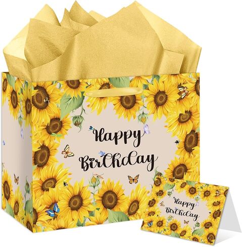 HSKMAKE Sunflower Birthday Gift Bag Yellow Sunflower Paper Bag with Card Yellow Tissue Paper Sunflower Wrapping Paper Bag for Women Girls Christmas Wedding Birthday Party Supplies in Saudi Arabia