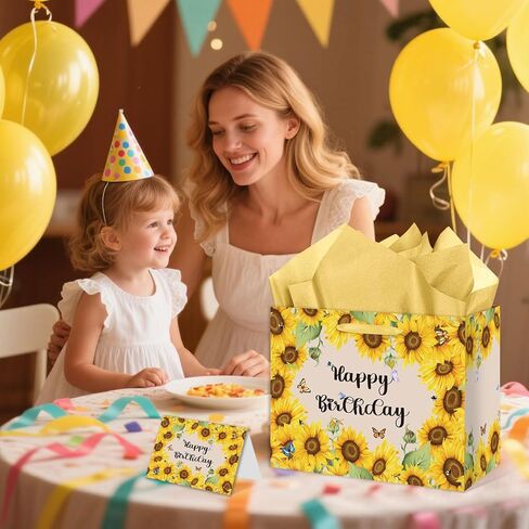 HSKMAKE Sunflower Birthday Gift Bag Yellow Sunflower Paper Bag with Card Yellow Tissue Paper Sunflower Wrapping Paper Bag for Women Girls Christmas Wedding Birthday Party Supplies in Saudi Arabia