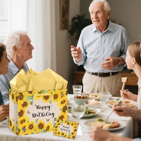 HSKMAKE Sunflower Birthday Gift Bag Yellow Sunflower Paper Bag with Card Yellow Tissue Paper Sunflower Wrapping Paper Bag for Women Girls Christmas Wedding Birthday Party Supplies in Saudi Arabia