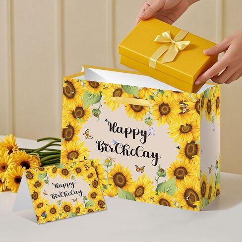 HSKMAKE Sunflower Birthday Gift Bag Yellow Sunflower Paper Bag with Card Yellow Tissue Paper Sunflower Wrapping Paper Bag for Women Girls Christmas Wedding Birthday Party Supplies in Saudi Arabia