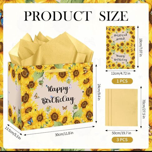 HSKMAKE Sunflower Birthday Gift Bag Yellow Sunflower Paper Bag with Card Yellow Tissue Paper Sunflower Wrapping Paper Bag for Women Girls Christmas Wedding Birthday Party Supplies in Saudi Arabia