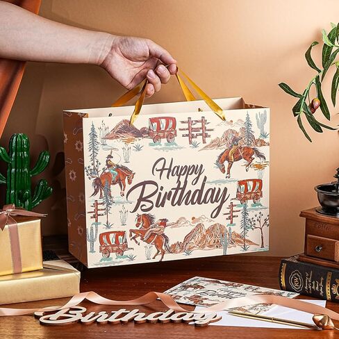 أكياس هدايا عيد ميلاد رعاة البقر مقاس 13 بوصة من WRAPAHOLIC مع مناديل ورقية وبطاقة - حقائب ورقية ذات طابع رعاة البقر البني للرجال في أعياد الميلاد والحفلات ذات الطابع الغربي in Kuwait