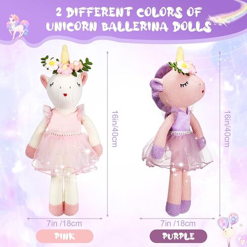 Meooeck 2 Pcs 16 Inch Unicorn Stuffed Animals Plush Ballerina Doll Soft Unicorn Cute Ballerina Toys Ballet Stuffed Animals Toys Decorations Wedding Birthday Gift for Girls, 2 Colors in Kuwait
