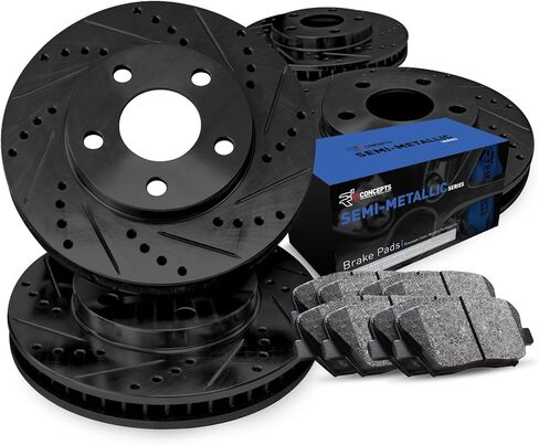 R1 Concepts Front and Rear Brakes and Rotors| Drilled Slotted Brake Rotors| Front and Rear Semi-Metallic Brake Pads and Rotors Kit| Fits 2005-2010 Chrysler 300, 2012-2014 Chrysler 300 in Kuwait
