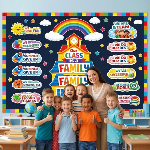 Back-to-School Bulletin Board Decorations for School Classrooms | Pre-cut Laminating Kit: “Our Class Is One Big Family" House Theme 120 adhesive dots reusable perfect for classroom decoration in Kuwait