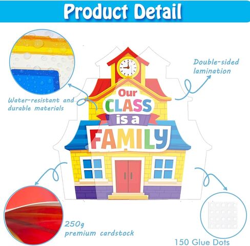 Back-to-School Bulletin Board Decorations for School Classrooms | Pre-cut Laminating Kit: “Our Class Is One Big Family" House Theme 120 adhesive dots reusable perfect for classroom decoration in Kuwait