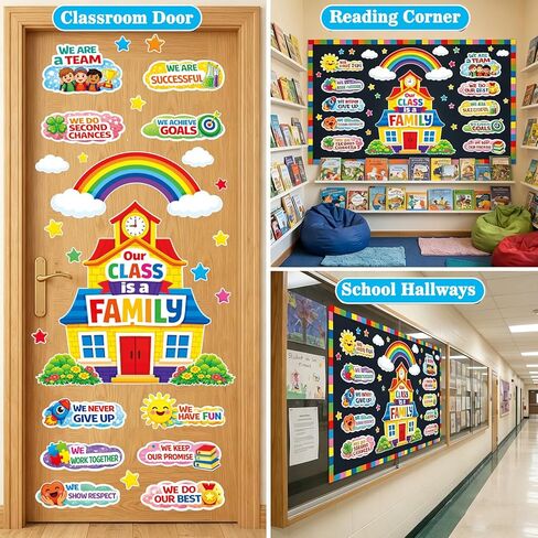 Back-to-School Bulletin Board Decorations for School Classrooms | Pre-cut Laminating Kit: “Our Class Is One Big Family" House Theme 120 adhesive dots reusable perfect for classroom decoration in Kuwait