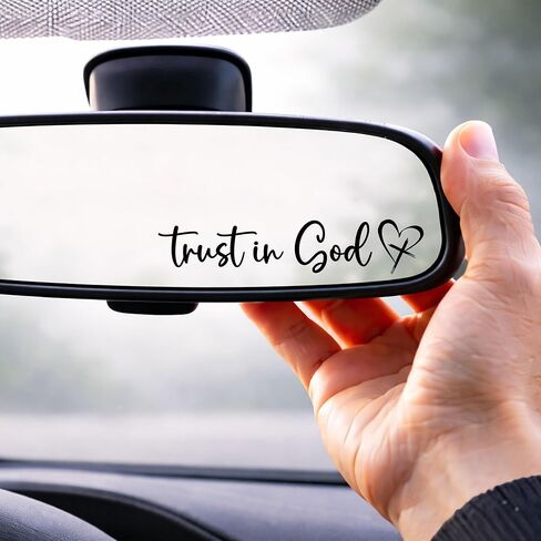 Trust in God Car Mirror Decal 1 Pack, Rearview Mirror Sticker for Car, Christian Auto Accessories, Faith Based Gift, Minimalist Vinyl Lettering Decal for Mirror Window Laptop (Black) in Kuwait