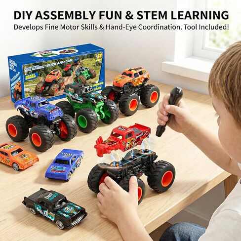 8 Pack Monster Trucks & Die-cast Metal Cars Toy Set, Powered Push and Go Battle Vehicles, DIY Assembly Racing Game with 4 Themes, Birthday Gift for Boy Toddlers Kids Age 3 4 5 6 7 8 Year Old in Saudi Arabia