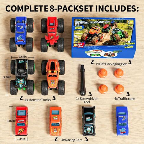 8 Pack Monster Trucks & Die-cast Metal Cars Toy Set, Powered Push and Go Battle Vehicles, DIY Assembly Racing Game with 4 Themes, Birthday Gift for Boy Toddlers Kids Age 3 4 5 6 7 8 Year Old in Saudi Arabia