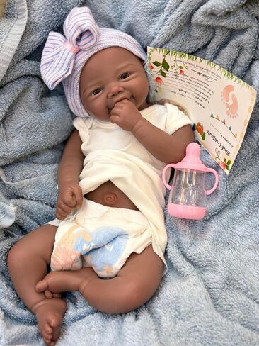 18inch 6 Lbs Cute Doll Lifelike Baby Girl Vivienne Full Body Soft Silicone Black Reborn Baby 3D Skin Painted Weighted Doll, Mouth Can Be Opened in Saudi Arabia