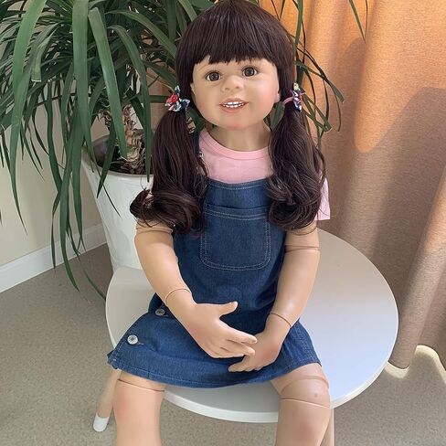 39inch Reborn Toddler Doll, Huge Baby Full Body Hard Vinyl Smile Realistic Standing Brown Hair Girl Dress Model Collectible in Kuwait