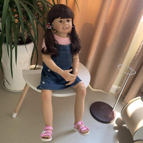 39inch Reborn Toddler Doll, Huge Baby Full Body Hard Vinyl Smile Realistic Standing Brown Hair Girl Dress Model Collectible in Kuwait