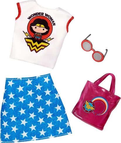 ملابس باربي: دمية Wonder Woman مع بلوزة جرافيك وتنورة بطبعة نجوم ومحفظة ونظارات شمسية، هدية للأطفال من عمر 3 إلى 8 سنوات in Kuwait