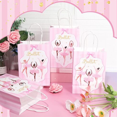 16Pcs Ballerina Party Favor Bags Ballerina Birthday Decorations Ballet Theme Candy Goodie Bags with Handles Pink Dancing Girl Gift Paper Bag for Girls Birthday Baby Shower Wedding Party Supplies in Kuwait