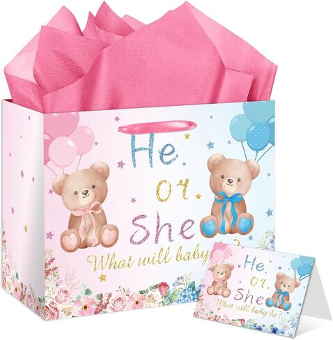 EIGHTSTATES Gender Reveal Gift Bag with Card and Tissue Paper Baby Shower Paper Bag, Pink and Blue He or She Gender Reveal Candy Bags, for Baby Shower Party Supplies Decorations in Saudi Arabia