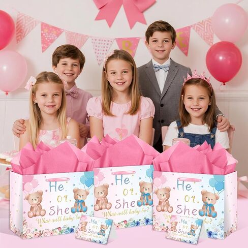 EIGHTSTATES Gender Reveal Gift Bag with Card and Tissue Paper Baby Shower Paper Bag, Pink and Blue He or She Gender Reveal Candy Bags, for Baby Shower Party Supplies Decorations in Saudi Arabia