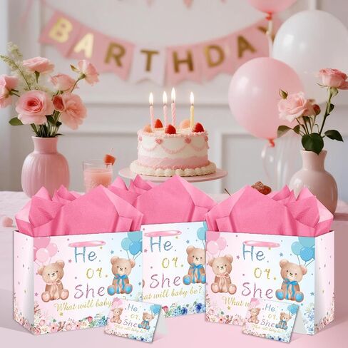 EIGHTSTATES Gender Reveal Gift Bag with Card and Tissue Paper Baby Shower Paper Bag, Pink and Blue He or She Gender Reveal Candy Bags, for Baby Shower Party Supplies Decorations in Saudi Arabia