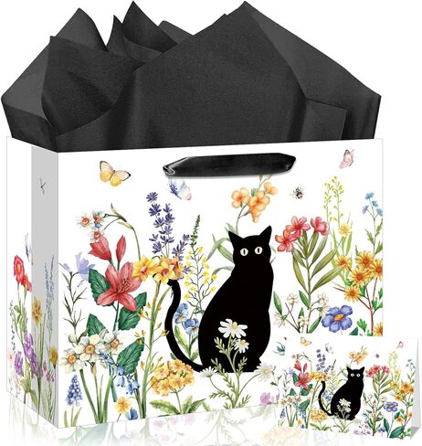 Cat Lover Gift Bag Back Cat Birthday Gifts Wrapping Paper Bag with Greeting Card for Boys Girls Women Men Spring Flower Black Meow Baby Shower Birthday Adoption Anniversaries Party Favors Supplies in Kuwait