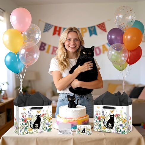 Cat Lover Gift Bag Back Cat Birthday Gifts Wrapping Paper Bag with Greeting Card for Boys Girls Women Men Spring Flower Black Meow Baby Shower Birthday Adoption Anniversaries Party Favors Supplies in Kuwait