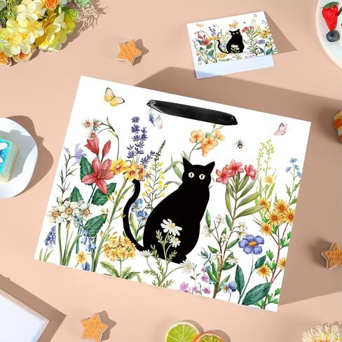 Cat Lover Gift Bag Back Cat Birthday Gifts Wrapping Paper Bag with Greeting Card for Boys Girls Women Men Spring Flower Black Meow Baby Shower Birthday Adoption Anniversaries Party Favors Supplies in Kuwait