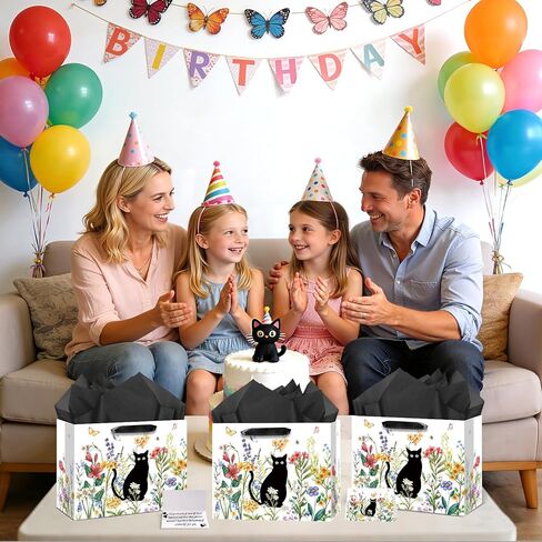 Cat Lover Gift Bag Back Cat Birthday Gifts Wrapping Paper Bag with Greeting Card for Boys Girls Women Men Spring Flower Black Meow Baby Shower Birthday Adoption Anniversaries Party Favors Supplies in Kuwait
