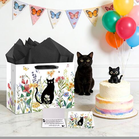 Cat Lover Gift Bag Back Cat Birthday Gifts Wrapping Paper Bag with Greeting Card for Boys Girls Women Men Spring Flower Black Meow Baby Shower Birthday Adoption Anniversaries Party Favors Supplies in Kuwait