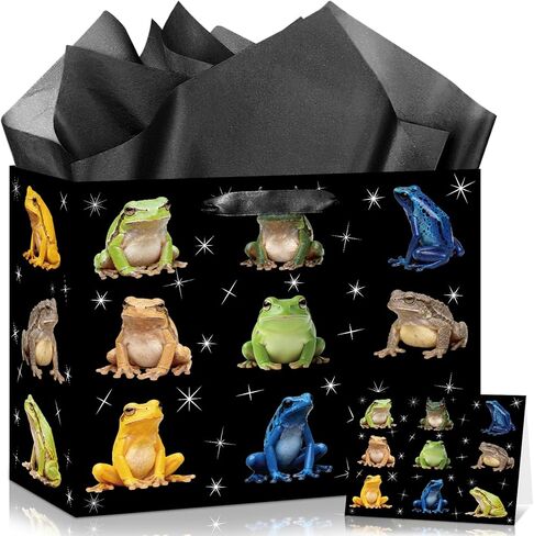 Frog Gift Bag Frog Birthday Gift Bag with Tissue Paper and Card Black Starry Sky Frogs Wrapping Paper Bags for Boys Girls Kid Adult Black Amphibian Theme Bags for Birthday Baby Shower Party Decoration in Kuwait