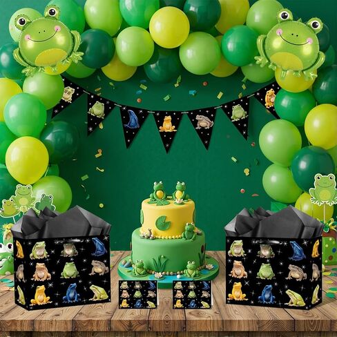 Frog Gift Bag Frog Birthday Gift Bag with Tissue Paper and Card Black Starry Sky Frogs Wrapping Paper Bags for Boys Girls Kid Adult Black Amphibian Theme Bags for Birthday Baby Shower Party Decoration in Kuwait