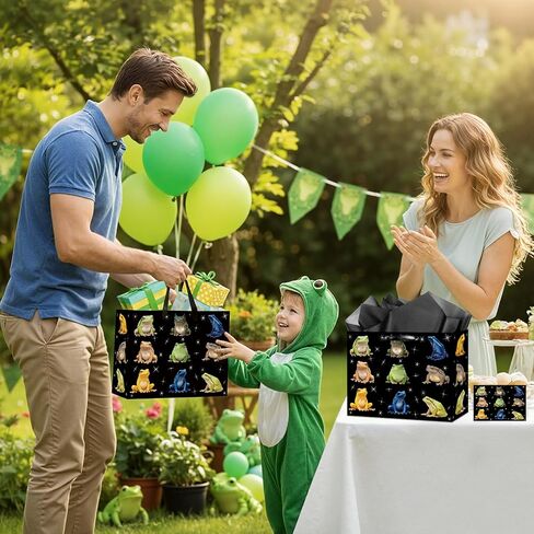 Frog Gift Bag Frog Birthday Gift Bag with Tissue Paper and Card Black Starry Sky Frogs Wrapping Paper Bags for Boys Girls Kid Adult Black Amphibian Theme Bags for Birthday Baby Shower Party Decoration in Kuwait