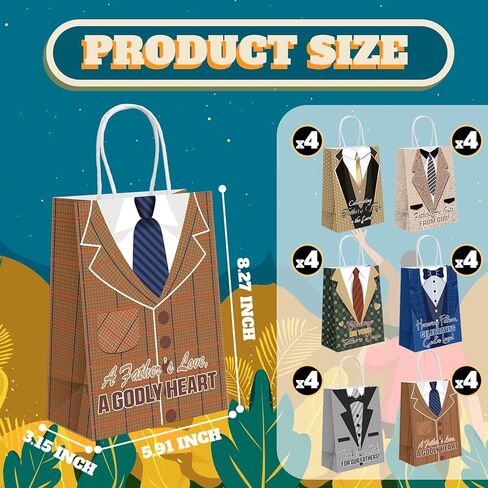 Kolldenn 24 Pcs Father's Day Religious Gift Bags Classic Happy Father's Day Party Supplies Goodie Treat Candy Paper Bags with Handles for Best Dad Theme Gift Wrapping in Kuwait