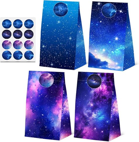 24 Pcs Galaxy Paper Bags with Stickers,Outer Space Themed Birthday Party Favor Bags Solar System Planet Gift Bags,Space Party Favors Starry Sky Goodies Bags Decor Supplies, 4 Designs in Kuwait