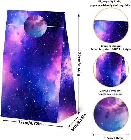 24 Pcs Galaxy Paper Bags with Stickers,Outer Space Themed Birthday Party Favor Bags Solar System Planet Gift Bags,Space Party Favors Starry Sky Goodies Bags Decor Supplies, 4 Designs in Kuwait