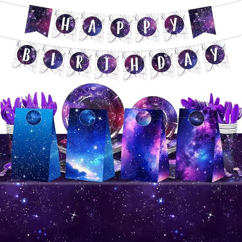 24 Pcs Galaxy Paper Bags with Stickers,Outer Space Themed Birthday Party Favor Bags Solar System Planet Gift Bags,Space Party Favors Starry Sky Goodies Bags Decor Supplies, 4 Designs in Kuwait