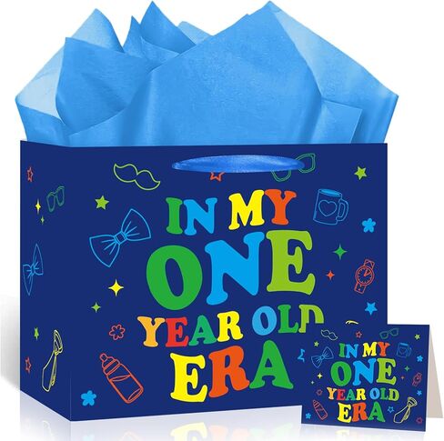 Woosytoo Baby Boy 1st Birthday Gift Bag, Blue First Birthday Gift Bag with Greeting Card and Tissue Paper In My One Year Old Era Wrapping Paper for Boys Baby Shower One Year Old Party Favors in Kuwait