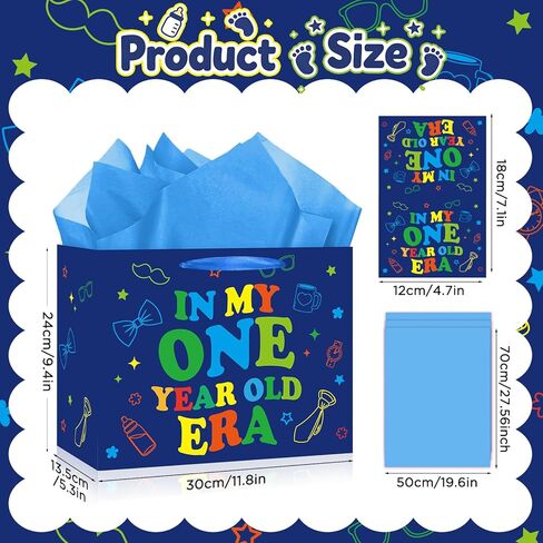 Woosytoo Baby Boy 1st Birthday Gift Bag, Blue First Birthday Gift Bag with Greeting Card and Tissue Paper In My One Year Old Era Wrapping Paper for Boys Baby Shower One Year Old Party Favors in Kuwait