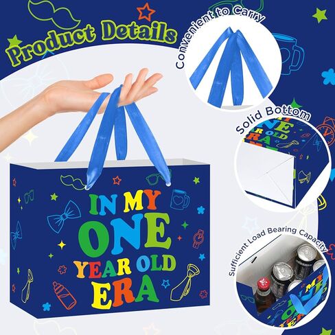 Woosytoo Baby Boy 1st Birthday Gift Bag, Blue First Birthday Gift Bag with Greeting Card and Tissue Paper In My One Year Old Era Wrapping Paper for Boys Baby Shower One Year Old Party Favors in Kuwait