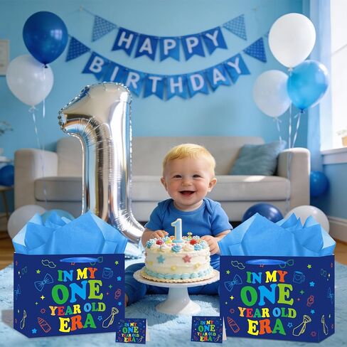 Woosytoo Baby Boy 1st Birthday Gift Bag, Blue First Birthday Gift Bag with Greeting Card and Tissue Paper In My One Year Old Era Wrapping Paper for Boys Baby Shower One Year Old Party Favors in Kuwait