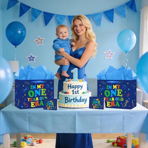 Woosytoo Baby Boy 1st Birthday Gift Bag, Blue First Birthday Gift Bag with Greeting Card and Tissue Paper In My One Year Old Era Wrapping Paper for Boys Baby Shower One Year Old Party Favors in Kuwait