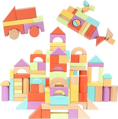 Nene Toys 100-Piece Wooden Building Blocks for Toddlers 1-3 - Soft Pastel Wood Blocks Set for Kids 1-4 - Montessori Stacking & Sorting Toy - FSC-Certified Construction Blocks Gift for Boys & Girls in Saudi Arabia