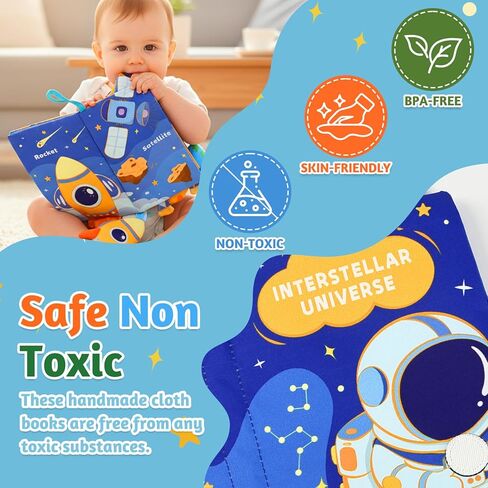 YOGINGO Baby Books - Montessori Toys Interstellar Universe Theme Baby Cloth Books 6 to 12 Months, Soft Stuffed High Contrast Crinkle Infant Sensory Toys, Boys&Girls Kids Early Learning Gifts in Kuwait