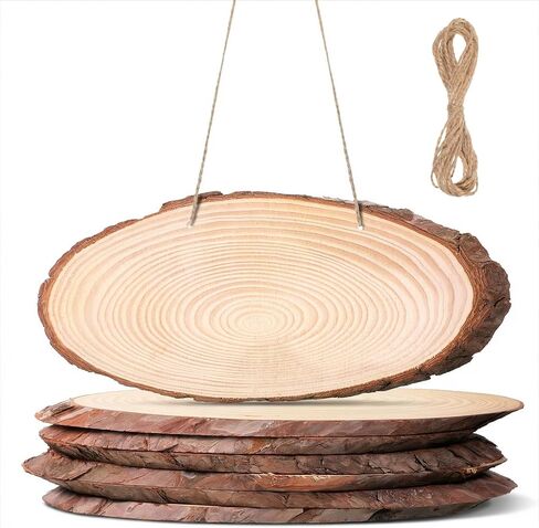 6 Pack 11 Inch Oval Wood Slice Basswood Plaque Hanging Signs with Jute, Unfinished Craft Wooden Slices Hanging Signs with Bark and Small Eye Ring for Burning Painting Crafts DIY, Painting, Ornament in Kuwait